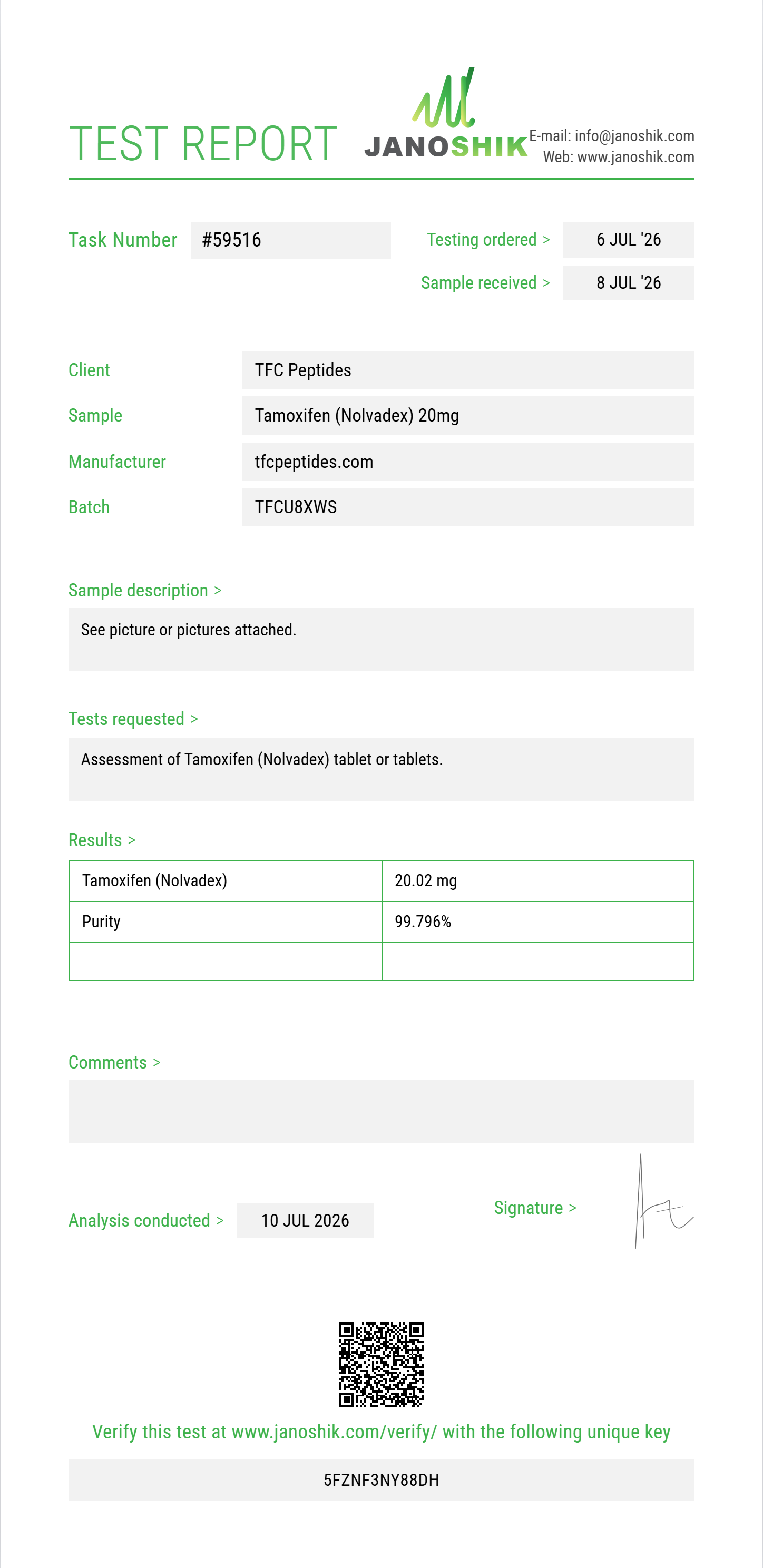Tamoxifen (Nolvadex) Purity (HPLC) report by Janoshik Analytical
