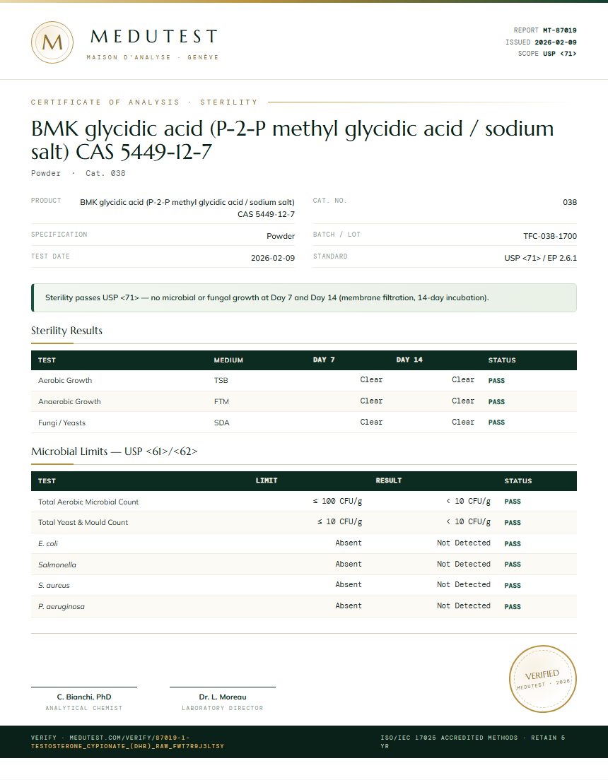 1-Testosterone Cypionate (DHB) Raw Sterility report by Medu Laboratories