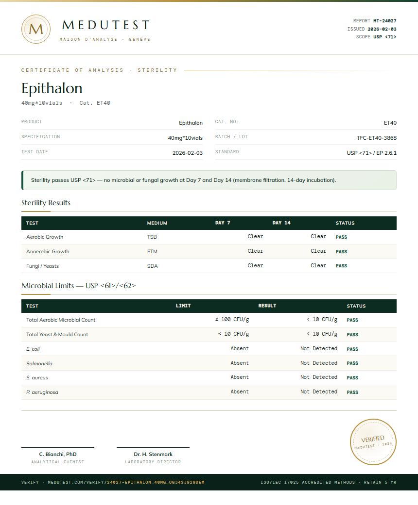 Epithalon Sterility report by Medu Laboratories