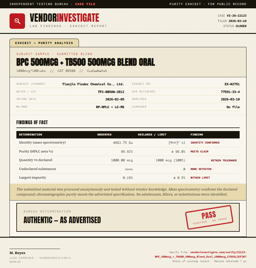 BPC 500mcg + TB500 500mcg Blend Oral Purity (HPLC) report by VendorInvestigator