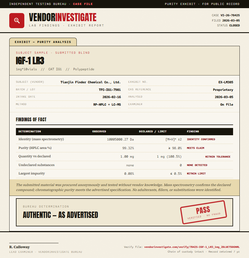 IGF-1 LR3 Purity (HPLC) report by VendorInvestigator