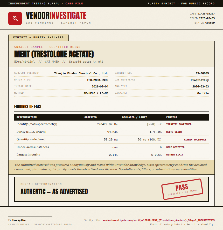 MENT (Trestolone Acetate) Purity (HPLC) report by VendorInvestigator