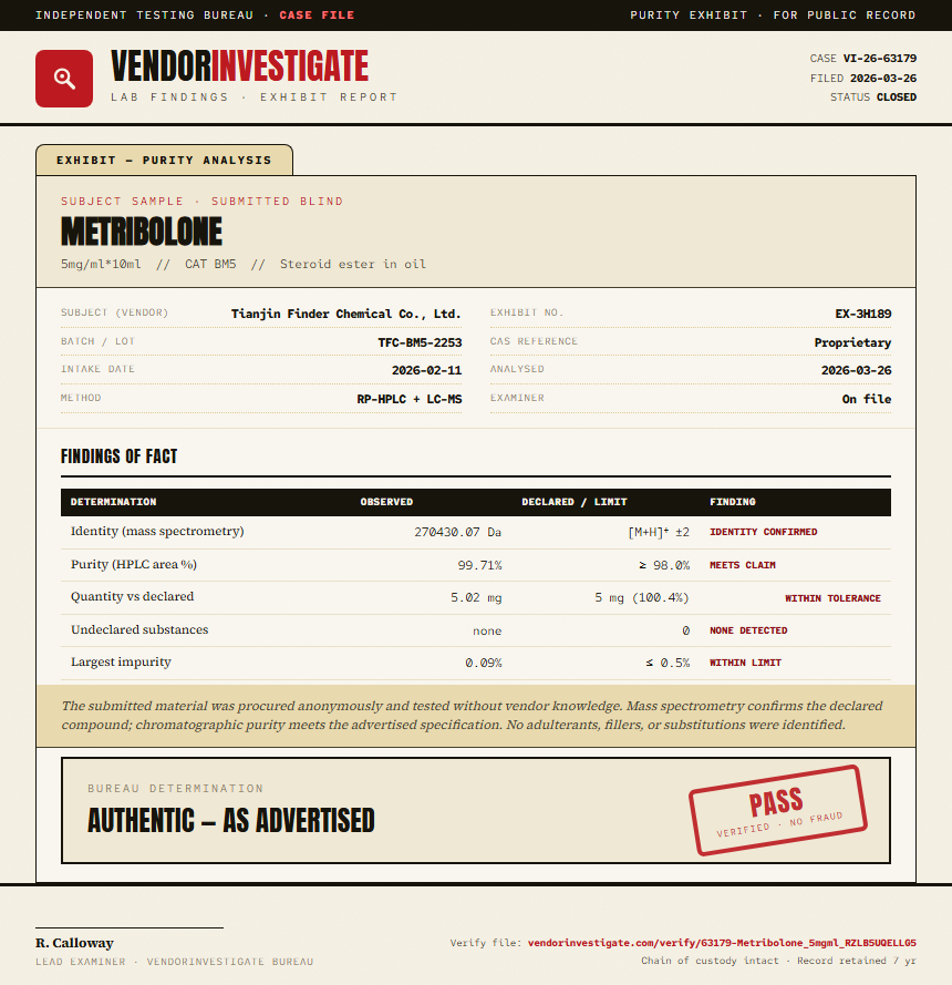 Metribolone Purity (HPLC) report by VendorInvestigator
