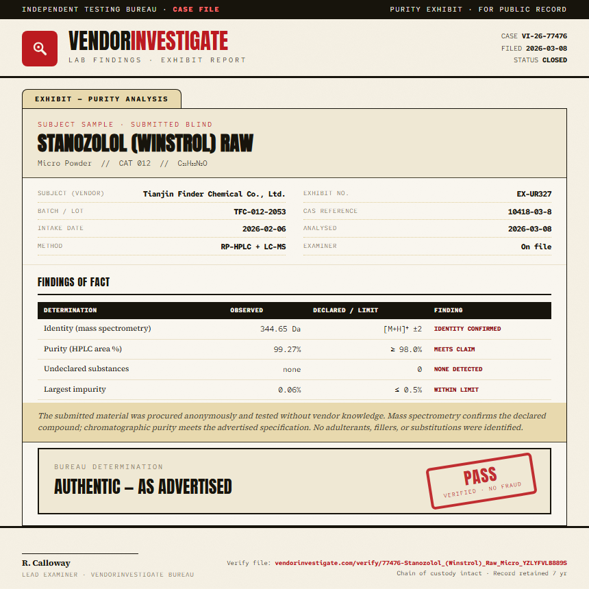 Stanozolol (Winstrol) Raw Purity (HPLC) report by VendorInvestigator