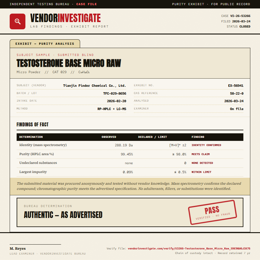 Testosterone Base Micro Raw Purity (HPLC) report by VendorInvestigator