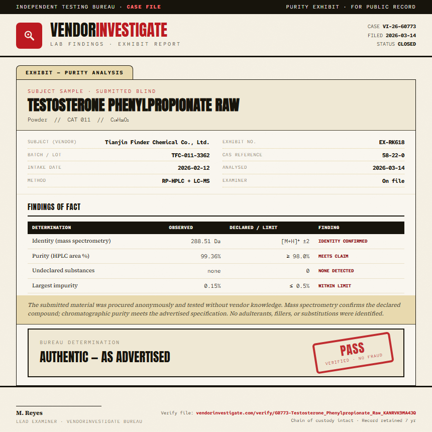 Testosterone Phenylpropionate Raw Purity (HPLC) report by VendorInvestigator