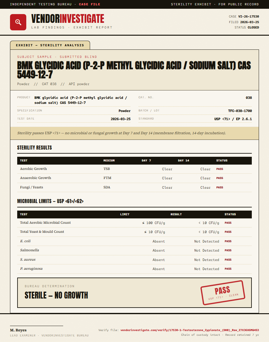 1-Testosterone Cypionate (DHB) Raw Sterility report by VendorInvestigator